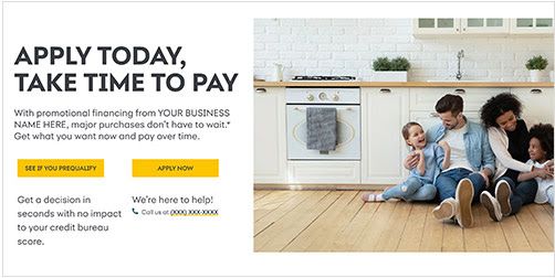 Family in kitchen. Text: Apply today, take time to pay. Buttons: get prequalified, apply now.
