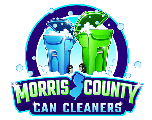 A logo for morris county can cleaners with blue and green trash cans