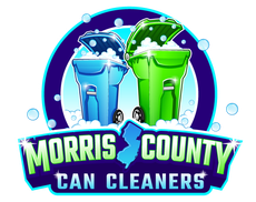 A logo for morris county can cleaners with blue and green trash cans