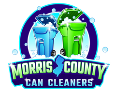 A logo for morris county can cleaners with blue and green trash cans