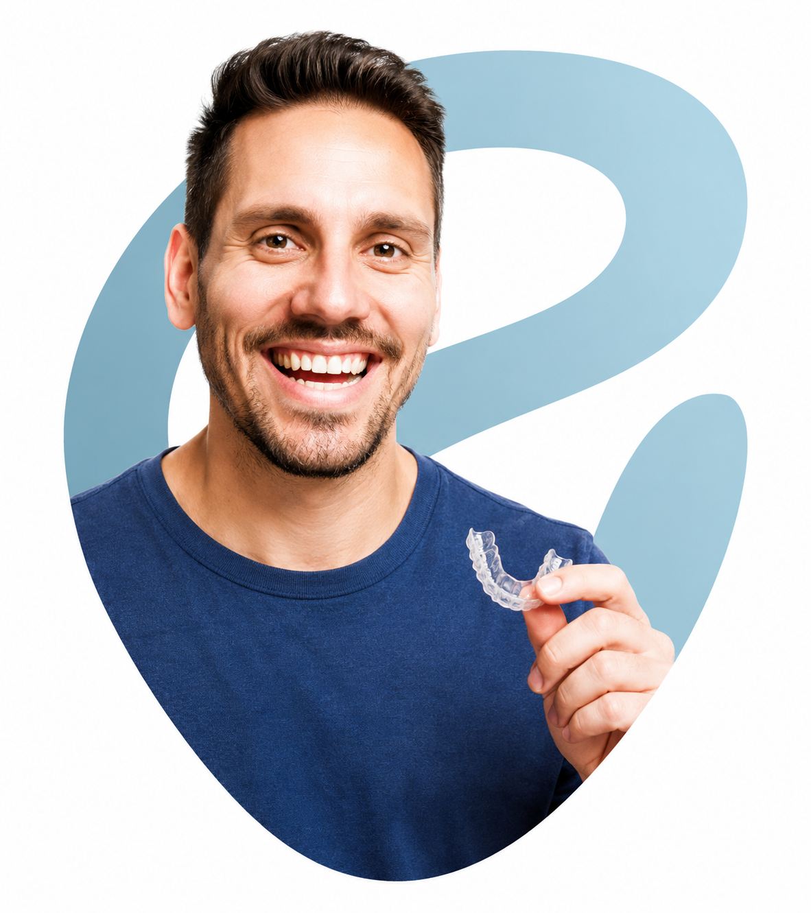 Smiling man holding a clear dental aligner against a white background with a blue abstract shape