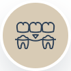 Three outlined teeth with braces on a beige circular background