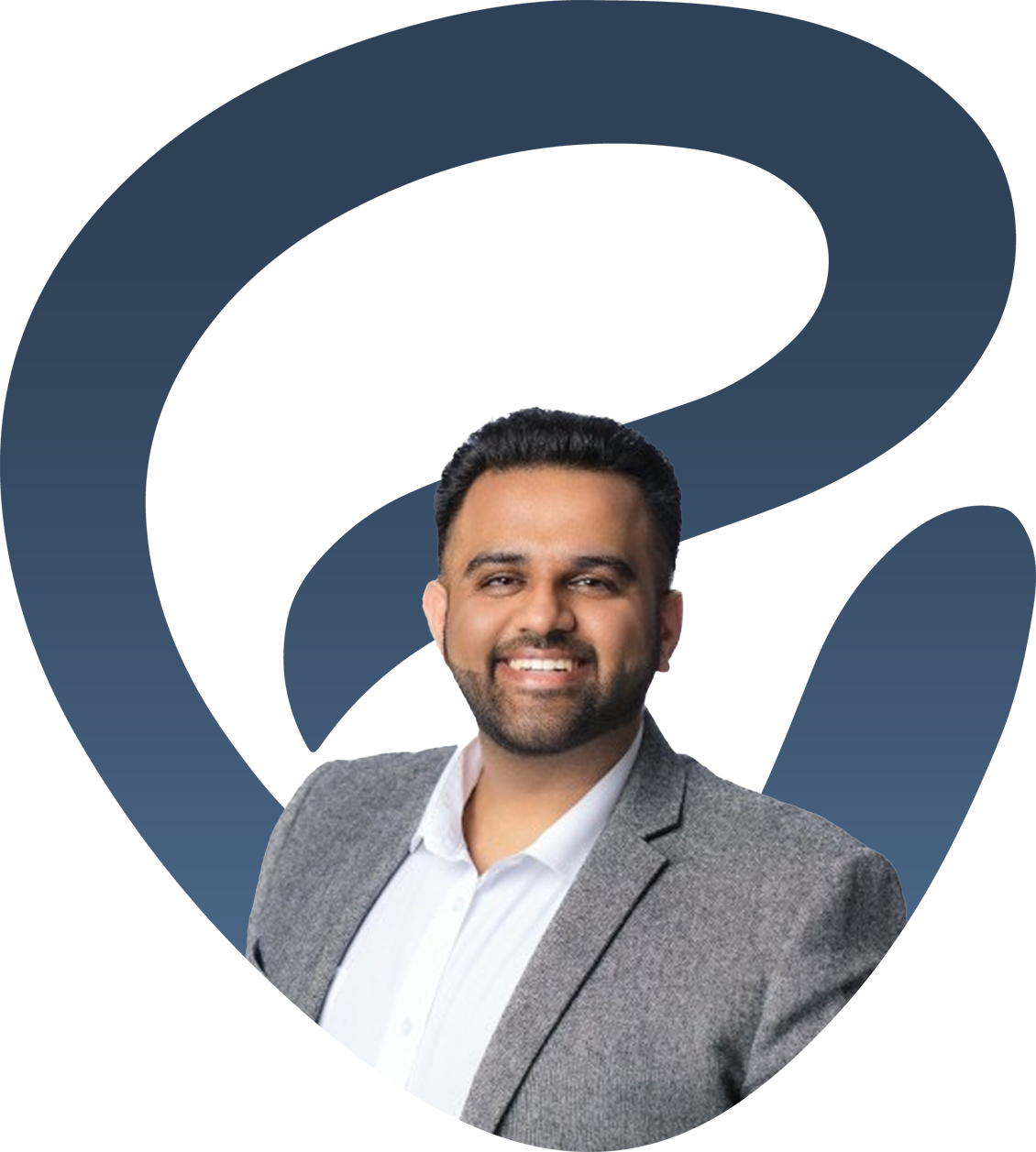 Smiling man in a gray blazer on a white background with a large blue abstract logo