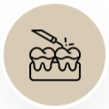 Cake with a fork icon on a beige circular background
