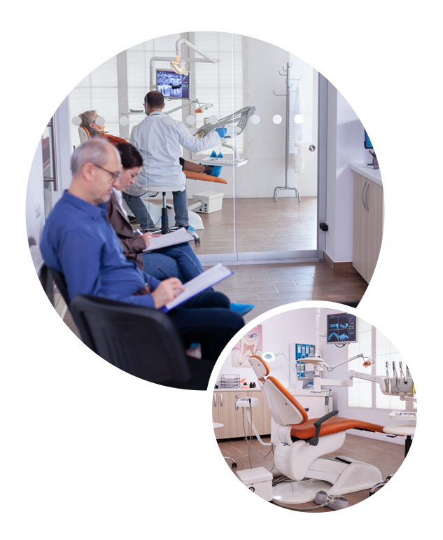 Dental clinic with seated patients, a dentist, and an exam room with orange chair and X-ray monitor