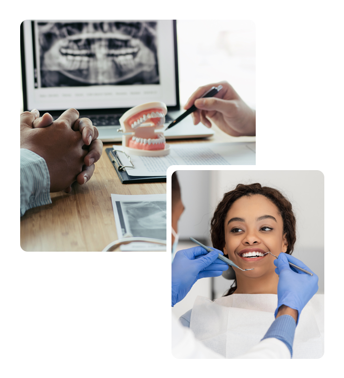 Dentist showing teeth model and dental X-ray, with patient consultation and teeth cleaning scene