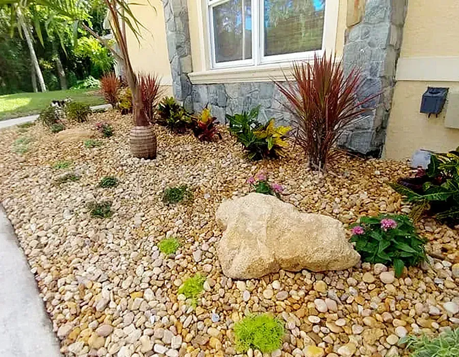 Rock garden with tan pebbles, decorative grasses, and a large stone beside a house window.