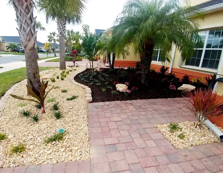 Landscaped front yard with palm trees, stone walkway, and mulch beds beside a house