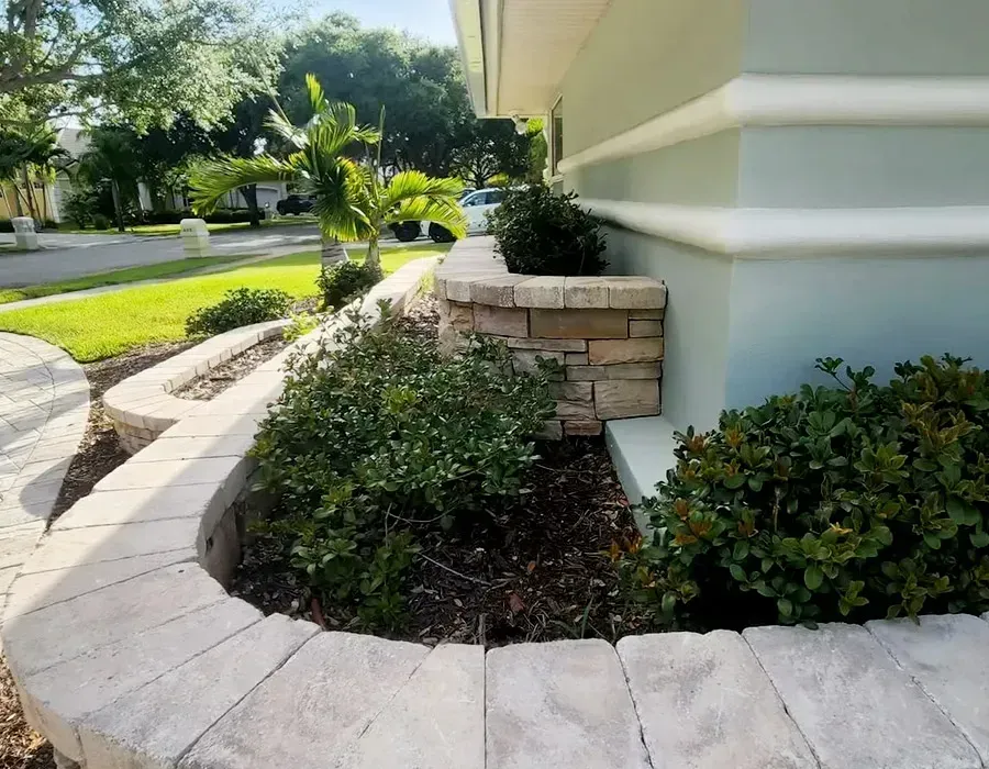 Curved stone planter with shrubs beside a light-colored house and green lawn in bright sunlight