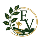 Green-and-gold circular logo with leaves, a palm tree, and the letters E and V