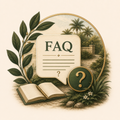 FAQ icon with open book, question mark speech bubble, and leafy garden background