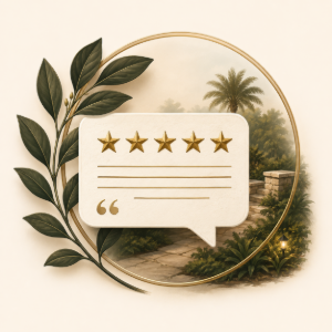 Five-star review icon over a tropical landscape with gold leaves and a speech bubble