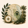 Florida map with location pin, compass, palm trees, and greenery in a vintage style