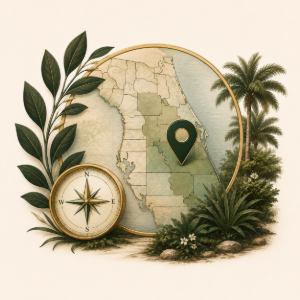 Florida map with location pin, compass, palm trees, and greenery in a vintage style