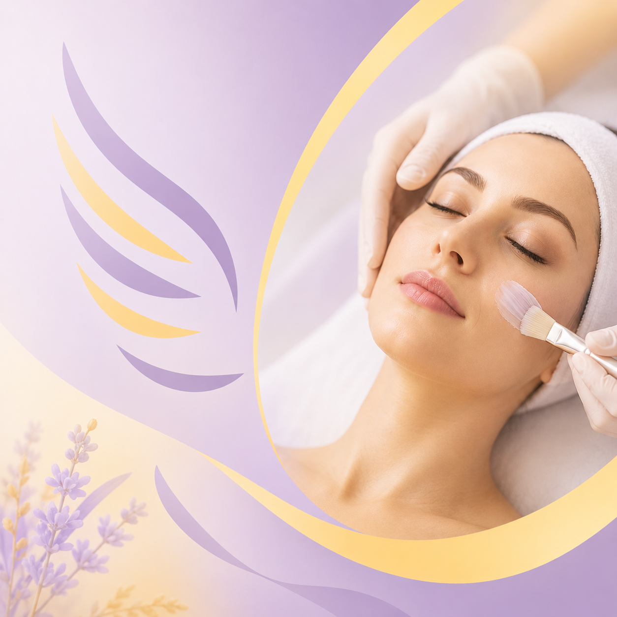 Tratamiento de spa estético con una mujer recibiendo una inyección facial, en tonos suaves de lavanda y dorado.