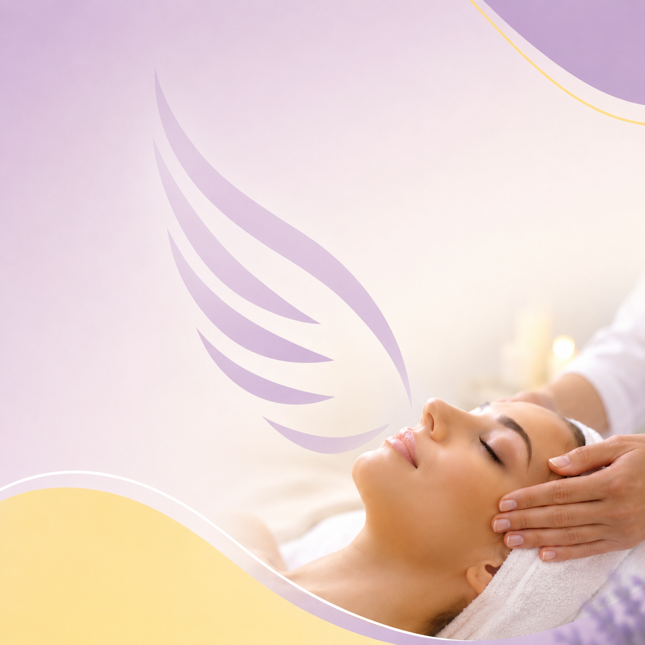 Mujer recibiendo un masaje facial en un ambiente suave, similar a un spa, con detalles en tonos morados y amarillos pastel.