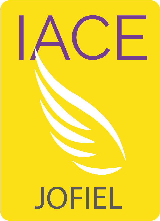 Logotipo de IACE JOFIEL sobre un fondo amarillo con un diseño de alas en color púrpura y blanco.