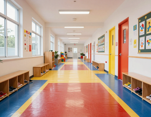 Corridoio scolastico con pavimento in linoleum