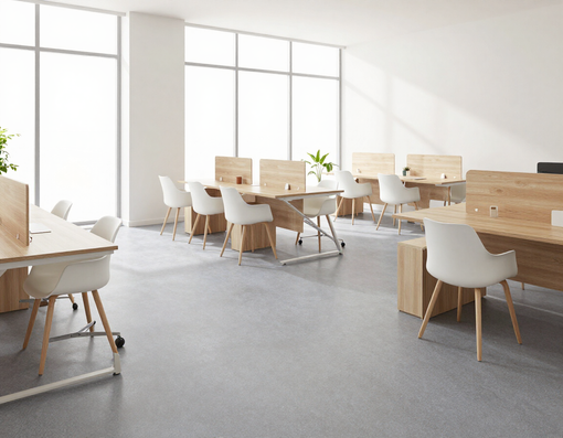 Ufficio open space con pavimento in linoleum grigio