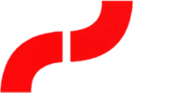 Logo astratto rosso curvo composto da due forme collegate su sfondo bianco
