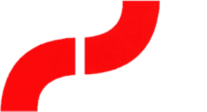 Logo astratto rosso curvo composto da due forme collegate su sfondo bianco