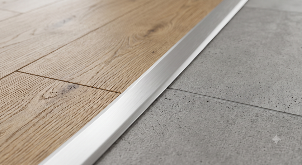 Primo piano di una striscia di transizione metallica tra un pavimento in legno chiaro e un pavimento in cemento grigio.