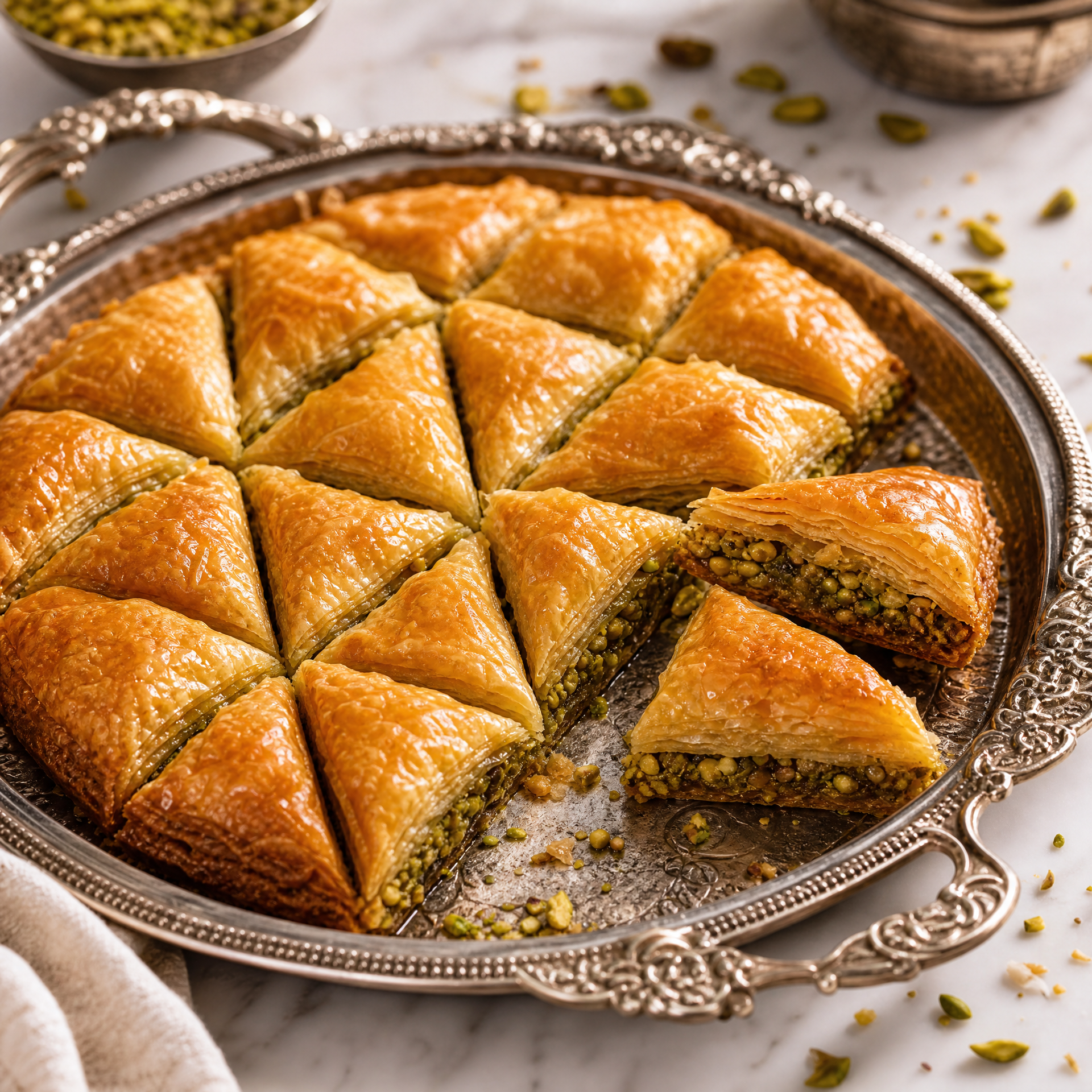 Tray of golden baklava triangles topped with pistachios, with one piece removed on a decorative platter