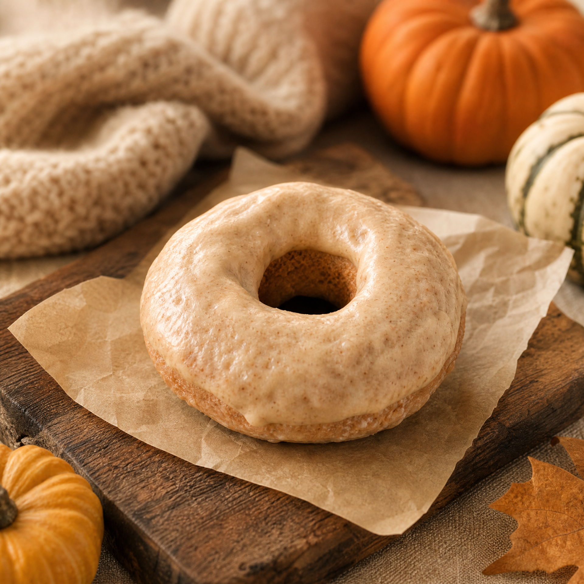 Glazed donut on parchment atop a wooden board, surrounded by small pumpkins and a cozy knitted blanket