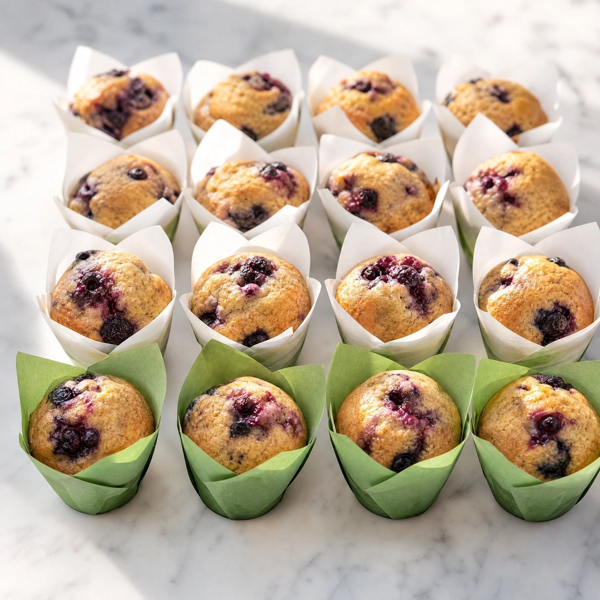 Tray of blueberry muffins in white and green paper liners on a marble surface