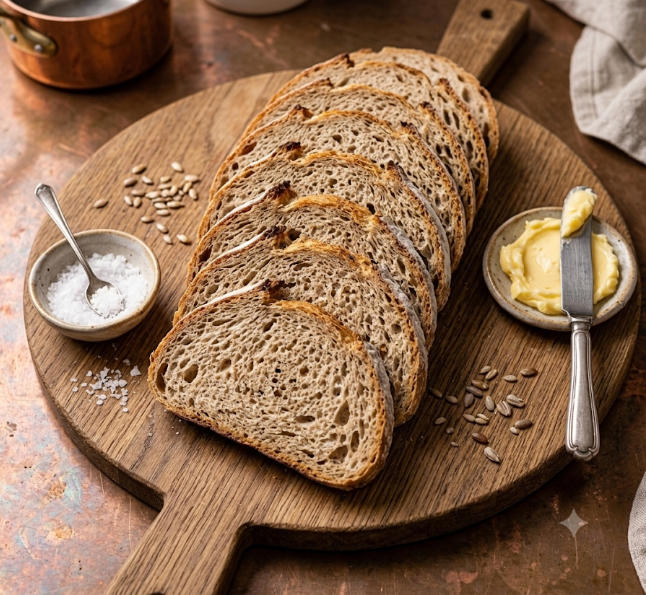 Sliced rustic bread on a wooden board with butter, salt, and scattered seeds