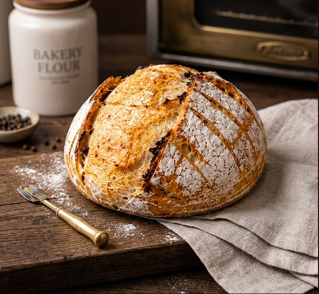 Rustic loaf of artisan bread on a wooden board, dusted with flour, beside a bakery flour jar and linen cloth