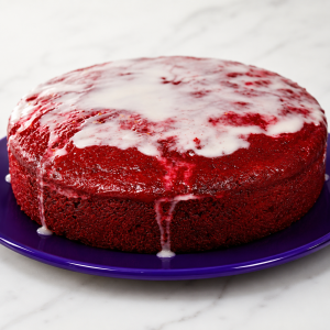 Red velvet cake with white icing on a purple plate, on a white surface