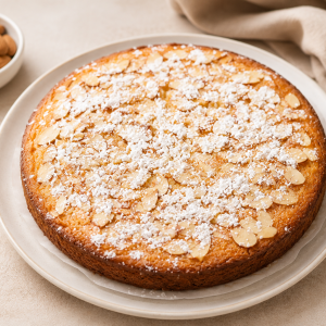 Round almond cake dusted with powdered sugar on a plate, with a small bowl beside it.