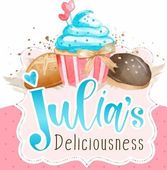 Julia's Delicioueness logo with a pink cupcake, macarons, and blue lettering