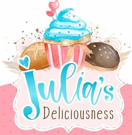 Julia's Delicioueness logo with a pink cupcake, macarons, and blue lettering