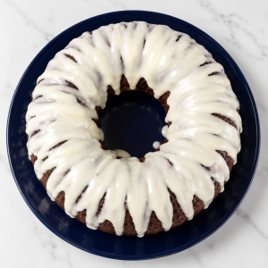 Bundt cake with white icing on a dark blue plate