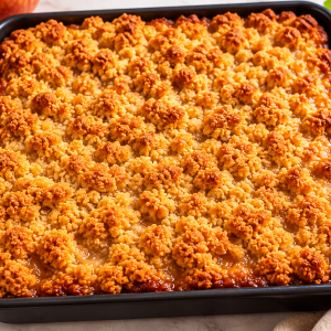 Baked casserole topped with golden-brown crumbly breadcrumbs in a dark rectangular baking dish