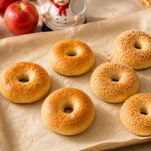 Bagels on parchment paper with a red apple and a chef figurine in the background