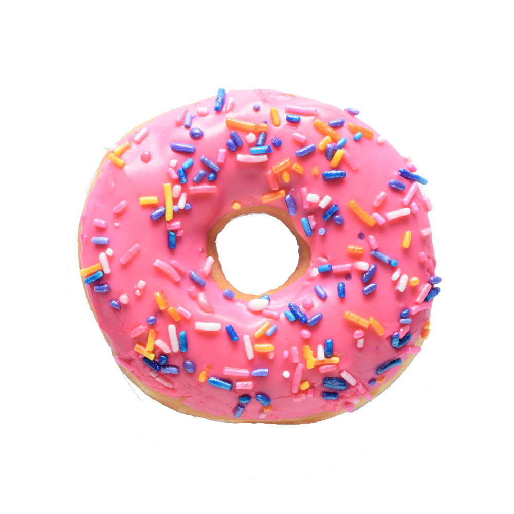 Pink frosted donut with colorful sprinkles on a white background