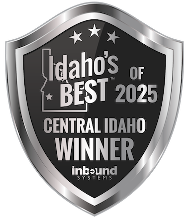 Silver shield badge reading “Idaho’s Best 2025 Central Idaho Winner” on a dark background