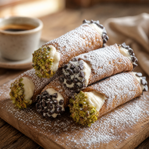 Cannoli pastries dusted with powdered sugar on a wooden board beside a cup of coffee
