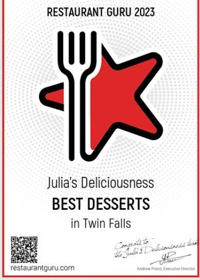 Restaurant Guru 2023 award for Julia's Deliciousness, Best Desserts in Twin Falls, with red star logo