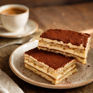 Two slices of tiramisu on a plate with a cup of coffee in the background