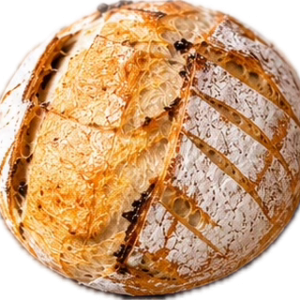 A round artisan loaf of bread with a golden crust and scored top, isolated on white background