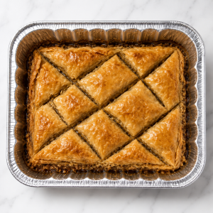 Golden-brown lattice-top pastry in a foil tray on a white surface