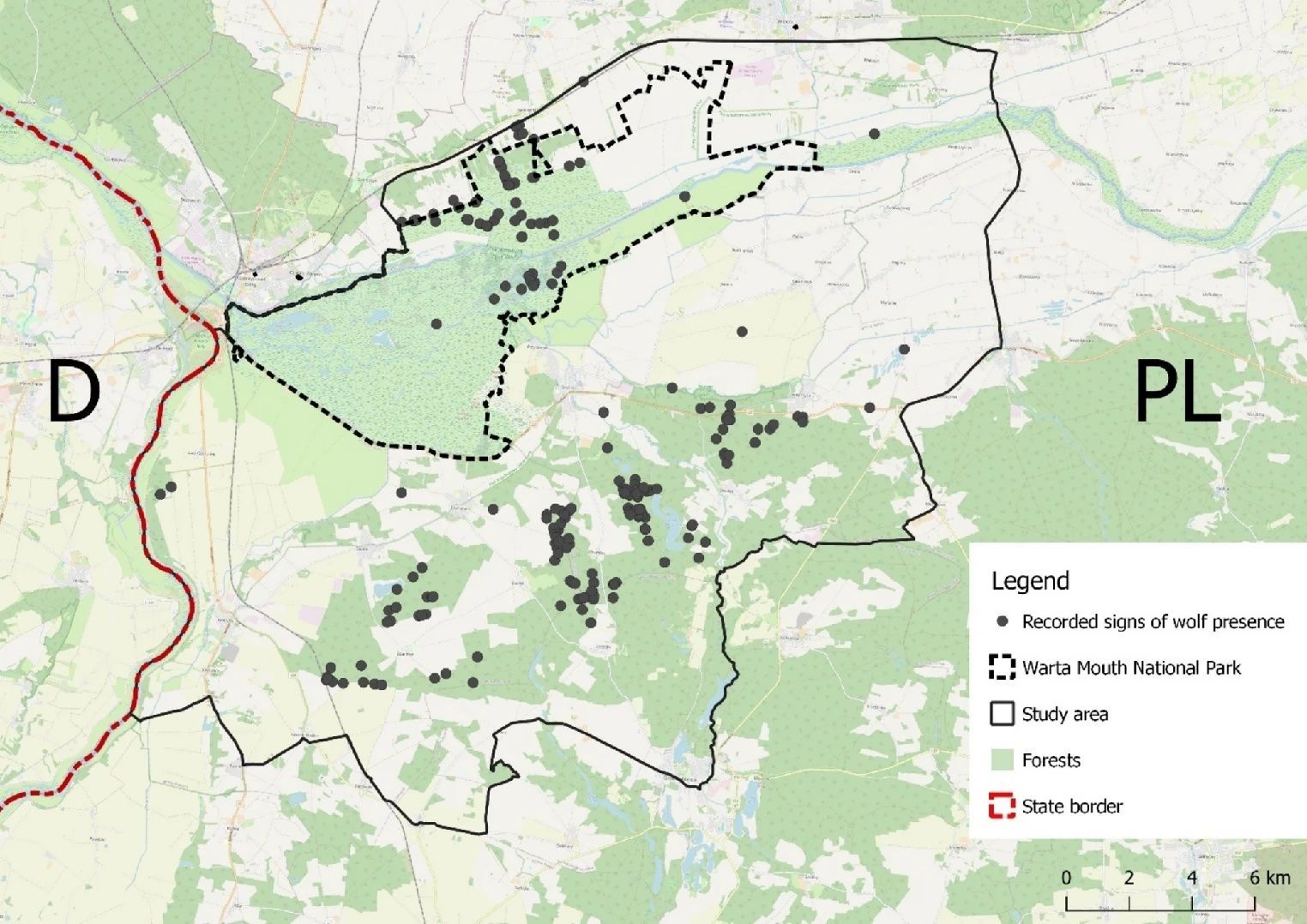 Abb.: Die Region der Warthemündung mit Darstellung des Nationalparks Warthemündung und des Natura-2000-Gebiets „Ujście Warty” (PLC080001). D – Deutschland, PL – Polen. schwarze Umrandung: Das Untersuchungsgebiet, schwarze Punkte: Wolfsnachweise. Abb.: Die Region der Warthemündung mit Darstellung des Nationalparks Warthemündung und des Natura-2000-Gebiets „Ujście Warty” (PLC080001). D – Deutschland, PL – Polen. schwarze Umrandung: Das Untersuchungsgebiet, schwarze Punkte: Wolfsnachweise.