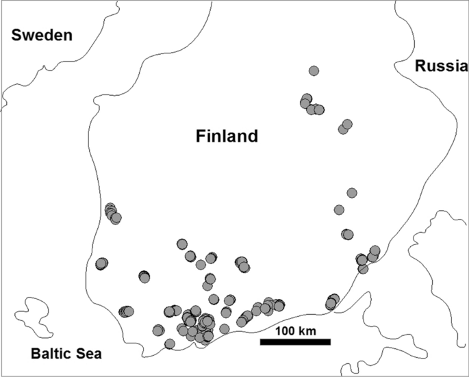 Abb.: Standorte der Kamerafallen (n = 580; graue Punkte), die zur Analyse des Vorkommens von Mesoprädatoren in Süd- und Mittelfinnland verwendet wurden Abb.: Standorte der Kamerafallen (n = 580; graue Punkte), die zur Analyse des Vorkommens von Mesoprädatoren in Süd- und Mittelfinnland verwendet wurden