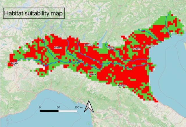 Abb.: Bestimmung des geeigneten Lebensraums für Wölfe in der Po-Ebene. Geeignete Zellen sind grün dargestellt, ungeeignete Zellen rot. Abb.: Bestimmung des geeigneten Lebensraums für Wölfe in der Po-Ebene.