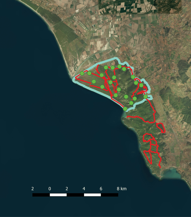 Bild: Karte des Untersuchungsgebiet im Maremma Regionalpark in Italien Bild: Karte des Untersuchungsgebiet im Maremma Regionalpark in Italien