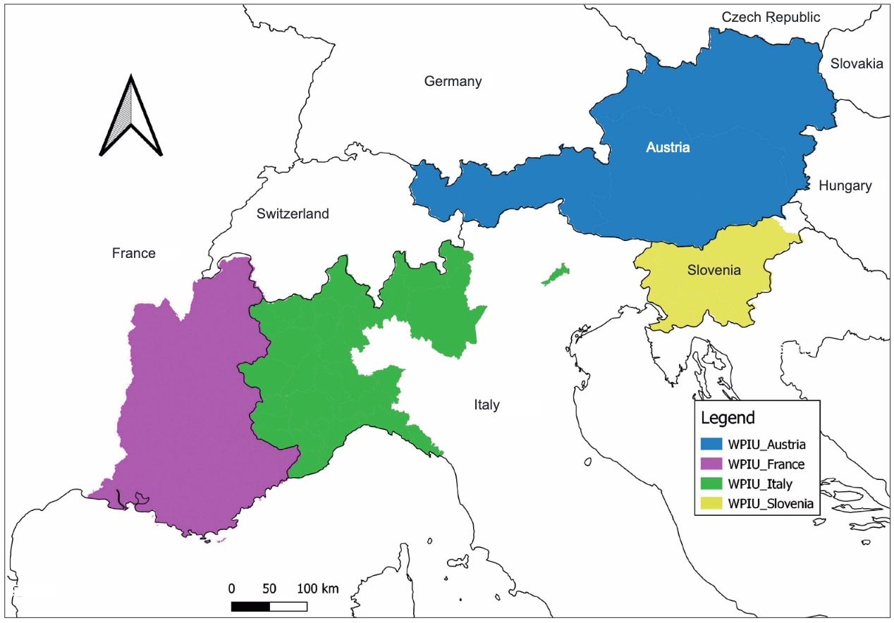 Abb.: Verteilung der Wolfsvermeidungseinheiten (Wolf Prevention Intervention Units, WPIUs) über die Alpen im Gebiet der LWA EU Abb.: Verteilung der Wolfsvermeidungseinheiten (Wolf Prevention Intervention Units, WPIUs) über die Alpen im Gebiet der LWA EU